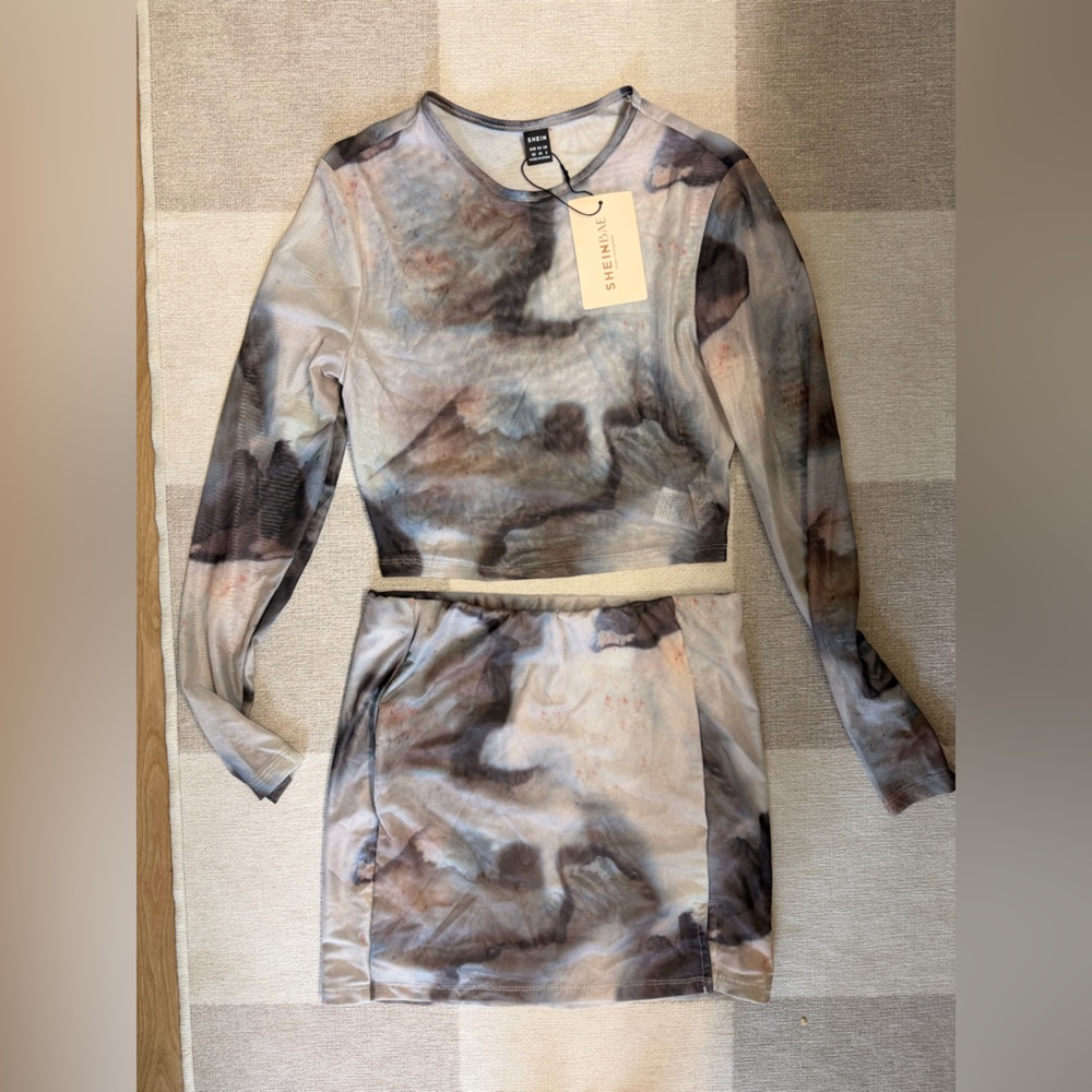 Abstract Mesh Two-Piece Set in Gray and Brown